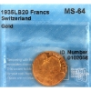 Image 1 : Switzerland Gold 1935LB 20 Francs CCCS MS64
