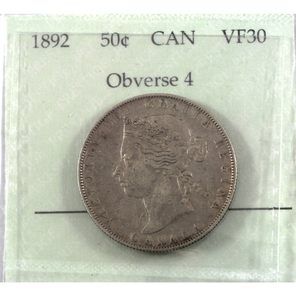 50-cent 1892 Obv 4 Prestige Certified VF30