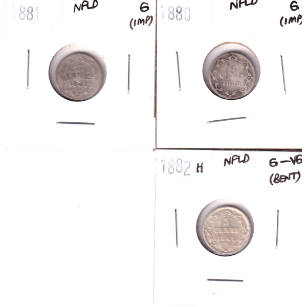 Newfoundland 5-cent 1880 G (Impaired), 1881 G (Impaired), 1882H G-VG (Bent). 3pcs