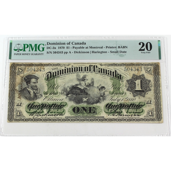DC-2a 1870 $1 Small Date PMG VF20 Dickinson-Harington Payable at Montreal SN: 504343 ppA