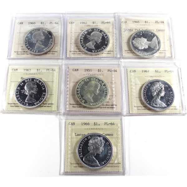Silver $1 1959-1967 ICCS PL64 Cameo or Heavy Cameo. 7pcs.