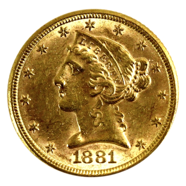 USA Gold 1881 $5 Liberty Head Half Eagle AU-UNC