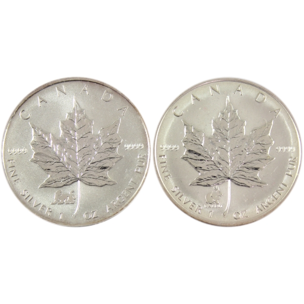 2x 1oz 1998 & 1999 $5 Silver Maple Leaf .9999 Fine Silver Coin w/ Zodiac Privy Mark. 2pcs.