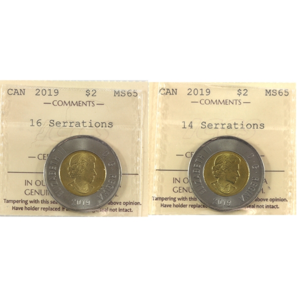 $2 2019 14 Serrations & 16 Serrations ICCS MS65. 2pcs.