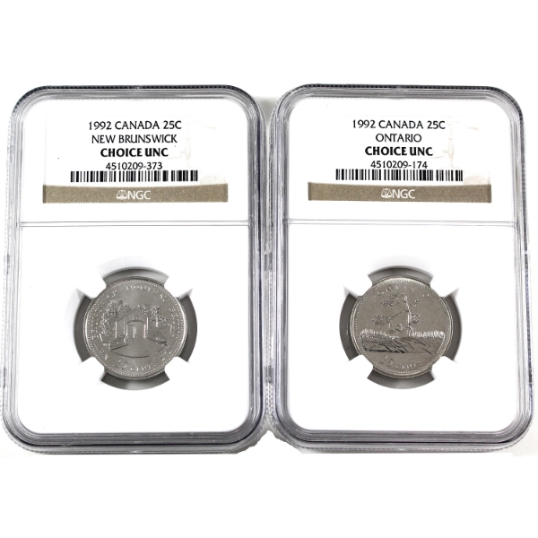 25-cent 1992 New Brunswick & Ontario Provincial Coins NGC Choice UNC. 2pcs.