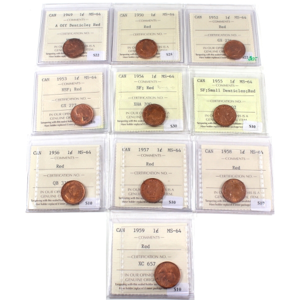 1-cent 1949-1959 ICCS MS64 Red. 10pcs.