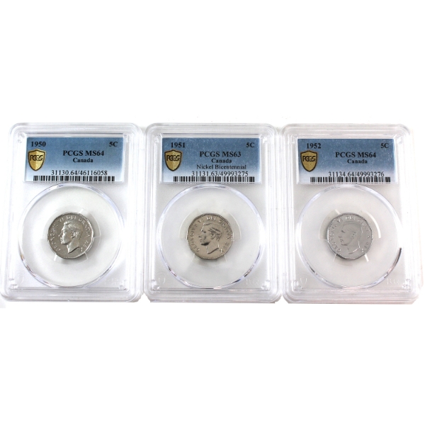 5-cent 1950 MS64, 1951 Bicentennial MS63 & 1952 MS64 PCGS. 3pcs. 