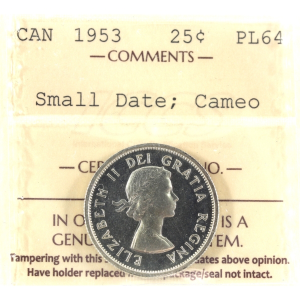 25-cent 1953 Small Date ICCS PL64 Cameo