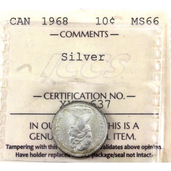 10-cent 1968 Silver ICCS MS66