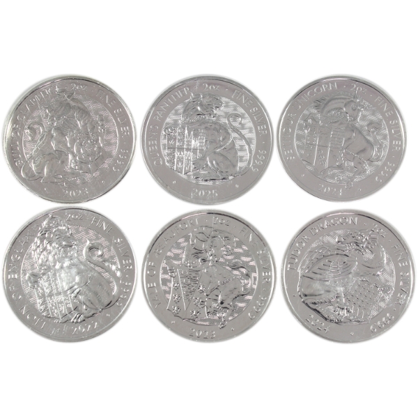 6x 2oz Great Britain 2022-2025 5 Pound Queen's Beasts .9999 Fine Silver Coins. 6pcs (Tax Exempt)