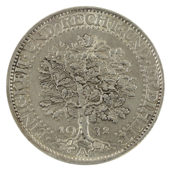 Germany-Weimar Republic Silver 1932A 5 Reichsmark Oak Tree AU-UNC