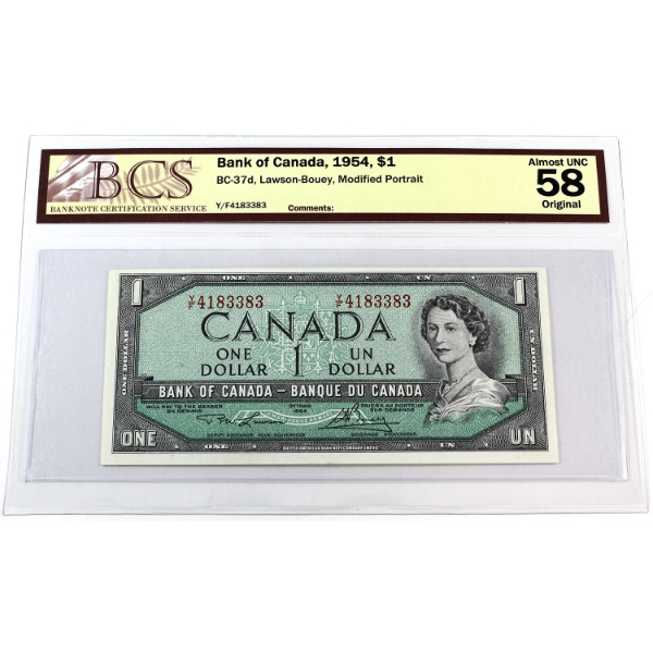 BC-37d 1954 $1 BCS AU58 Original Lawson-Bouey, Modified Portrait SN:Y/F4183383