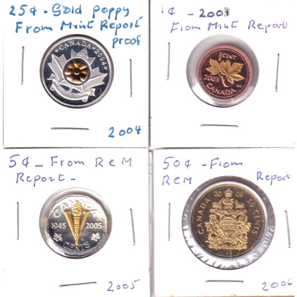 2003-2006 Mixed Denomination Coins from The Royal Canadian Mint Annual Report Books. 4pcs.