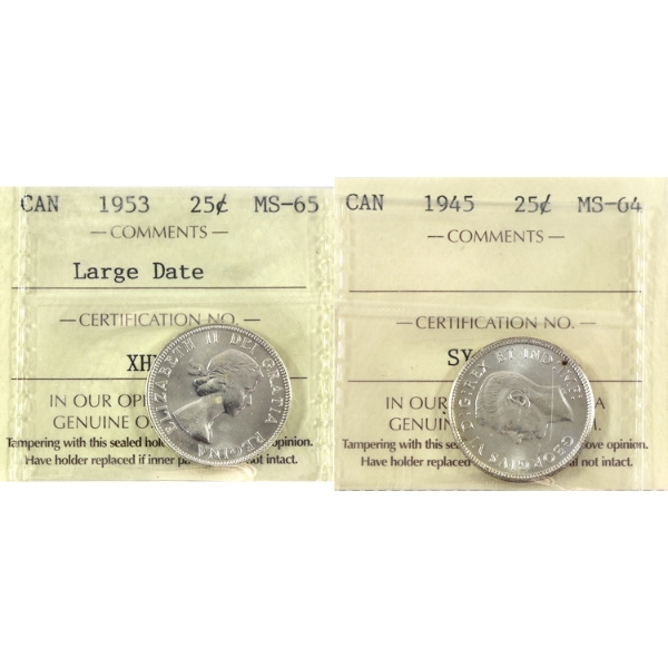 25-cent 1945 MS64, & 1953 Large Date MS65 ICCS. 2pcs.