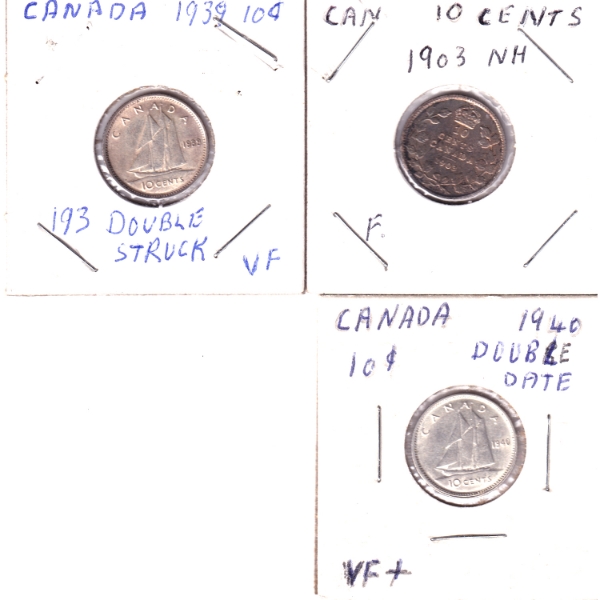 10-cent 1903 No H Fine, 1939 193 Double Struck VF & 1940 Double Struck Date VF. 3pcs