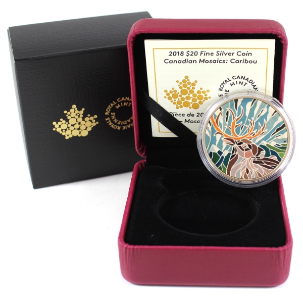 2018 $20 Canadian Mosaics: Caribou Fine Silver Coin w/ Selective Colour (Tax Exempt)