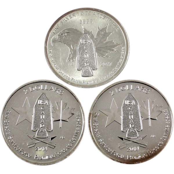 3x 1/2oz 2014 & 2017 $2 Devil's Brigade .9999 Fine Silver Rounds. 3pcs. (Tax Exempt)