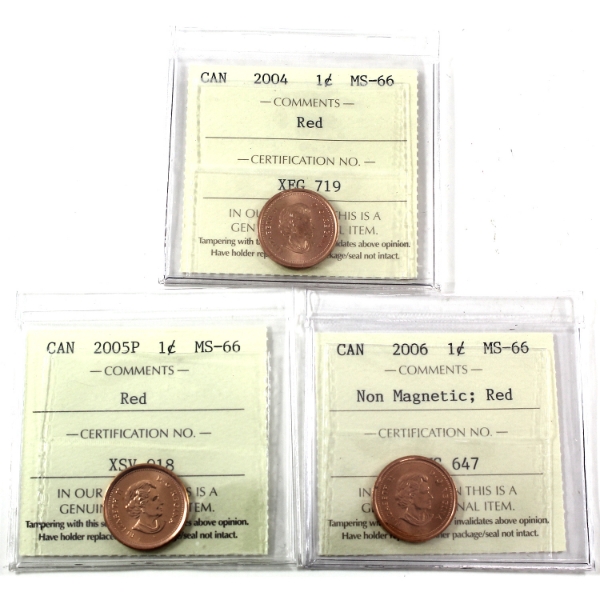 1-cent 2004-2006 ICCS MS66 Red. 3pcs.