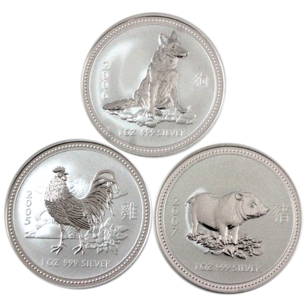 3x 1oz Australia Year of the Rooster (2005), Dog (2006) & Pig (2007) .999 Fine Silver Rounds 