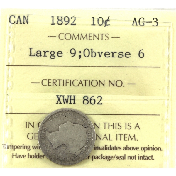 10-cent 1892 Large 9, Obverse 6 ICCS AG3