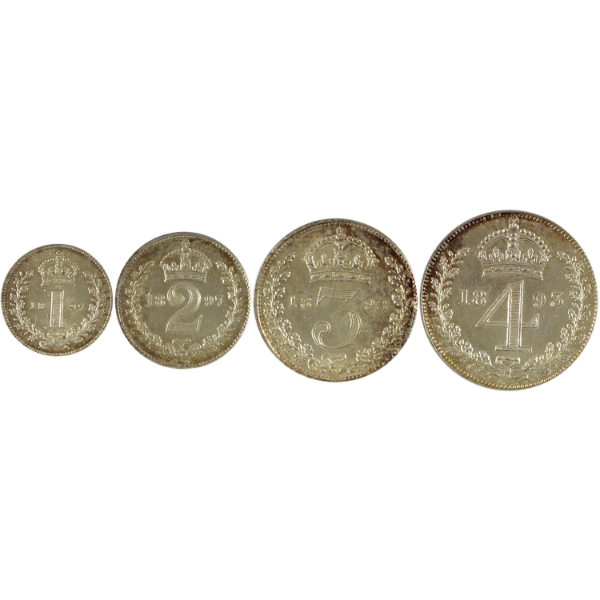 Great Britain Silver 1893-1897 Queen Victoria Sterling Silver Maundy Coins. 4pcs.