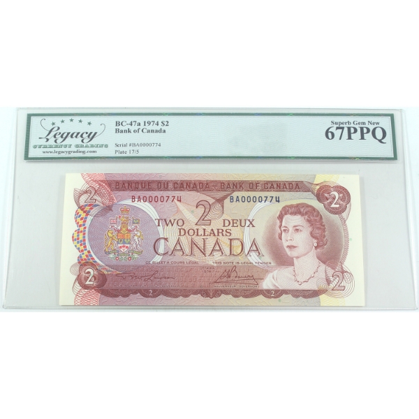 BC-47a 1974 $2 Low Serial # BA0000774 Legacy Superb GEM UNC67 PPQ Lawson-Bouey