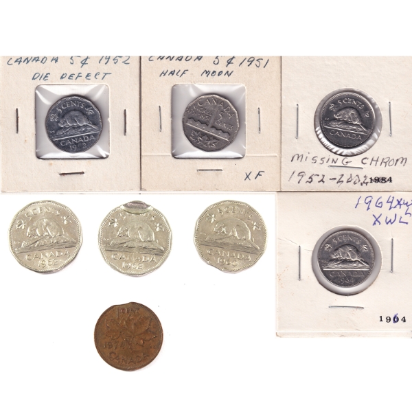 ERROR Group Lot of 1-cent & 5-cent 1951-2002 Assorted Error Varieties. 8pcs