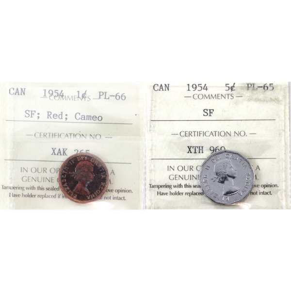 1-cent SF PL66 Red; Cameo & 5-cent SF PL65 1954 ICCS. 2pcs