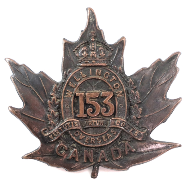 WWI Canadian 153rd Battalion Collar Badge -Wellington County Ontario