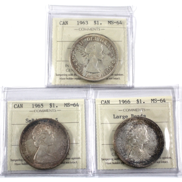 Silver $1 1963-1966 ICCS MS64. 3pcs.