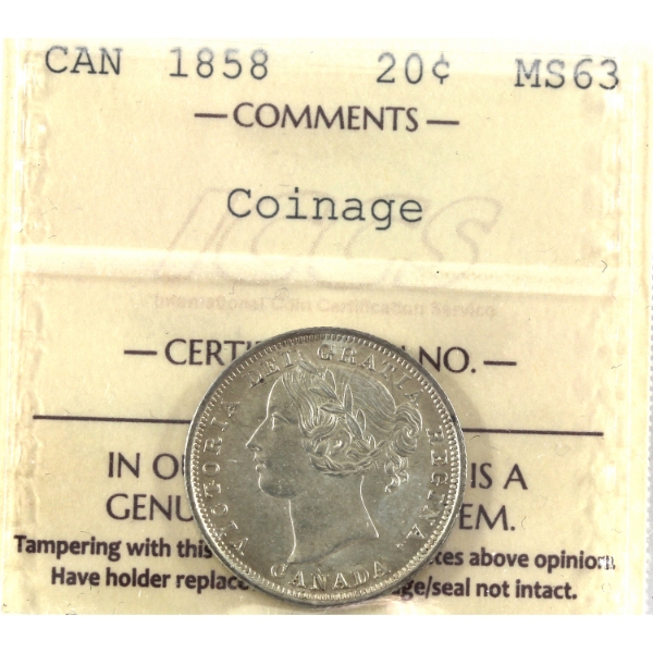 20-cent 1858 Coinage ICCS MS63; Choice Example