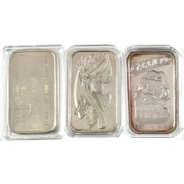 3x 1oz SilverTowne Vintage Assorted Design .999 Silver Bars. 3pcs. (Tax Exempt)