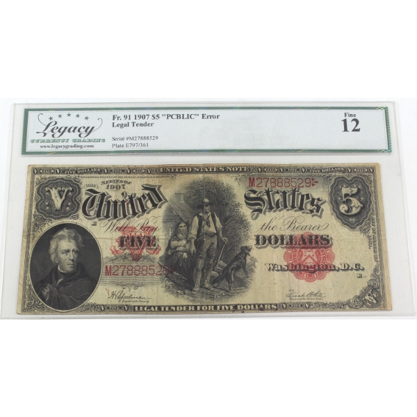 USA 1907 FR-91 Washington D.C. $5 "PCBLIC" Error Speelman-White SN: M27888529 
