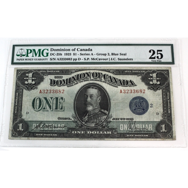 DC-25h 1923 $1 PMG VF25, McCavour-Saunders, Series A, Group 2, Blue Seal SN:A3233682 Check Letter D