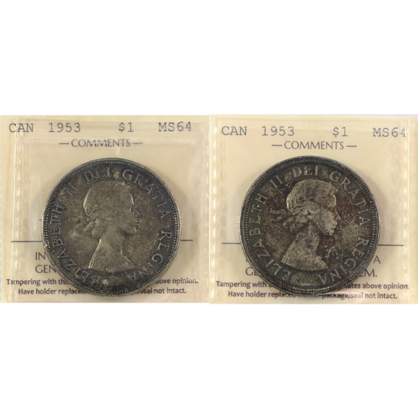 Silver $1 2x 1953 SF & NSF ICCS MS64. 2pcs