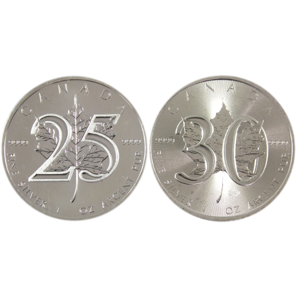 2x 1oz 2013 & 2018 $5 Silver Maple Leaf .9999 Fine Silver Rounds. 2pcs. (Tax Exempt)