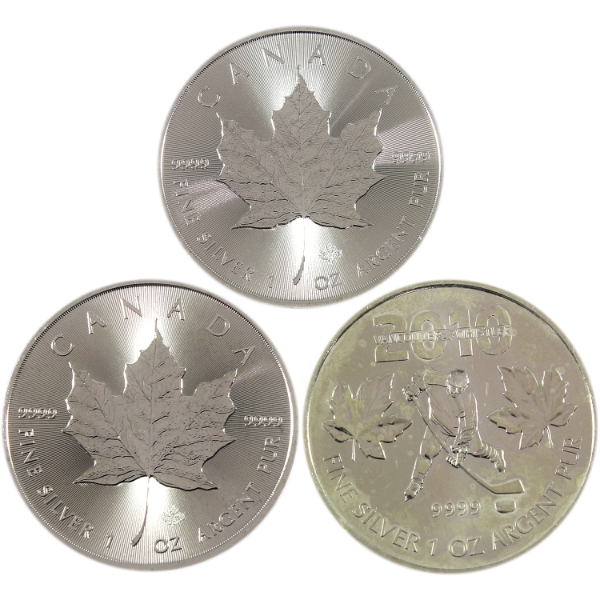 3x 1oz $5 2010 Olympic Hockey, & 2021 & 2024 SML .9999 Fine Silver Rounds. 3pcs. (Tax Exempt)