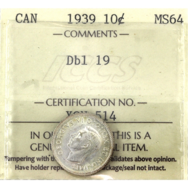 10-cent 1939 Dbl 19 ICCS MS64