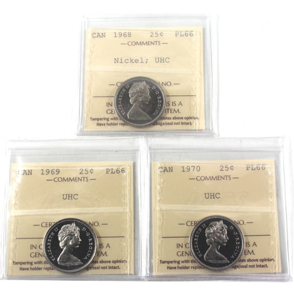 25-cent 1968 Nickel, 1969, & 1970 ICCS PL66 Ultra Heavy Cameo. 3pcs.