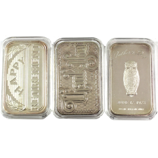 3x 1oz Assorted Refiners Celebration Unbranded .999 Silver Art Bars. 3pcs. (Tax Exempt)