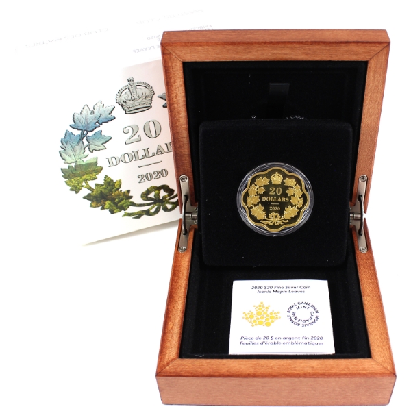 2020 $20 Iconic Maple Leaves Gold Plated 26.51grams .9999 Fine Silver Coin (Tax Exempt)