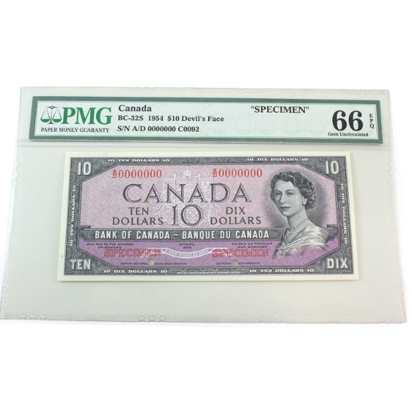 BC-32S 1954 $10 Devil's Face Specimen PMG GEM UNC66 EPQ SN: A/D0000000 #C0092
