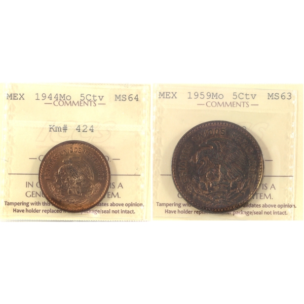 Mexico 5 Centavos ICCS 1944Mo MS64 & 1959Mo MS63. 2pcs.