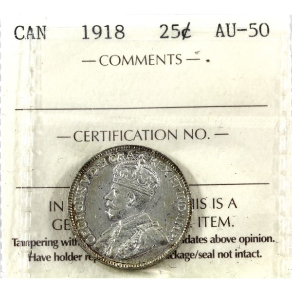25-cent 1918 ICCS AU50