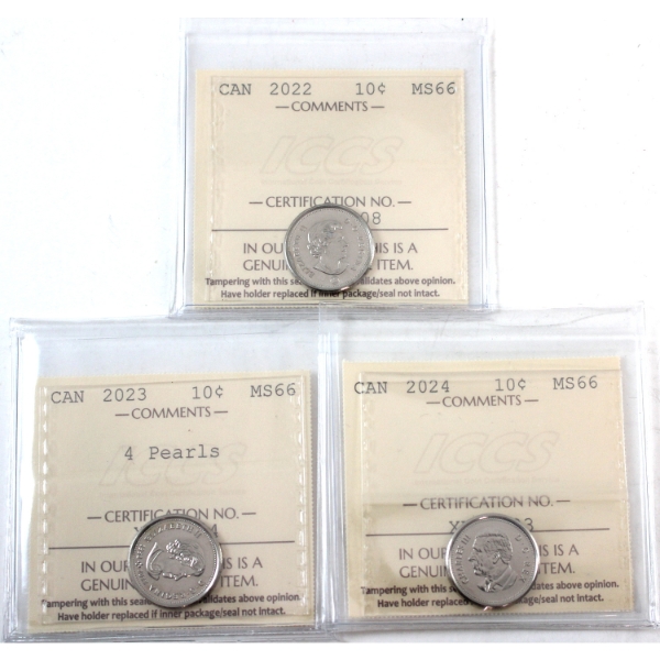10-cent 2022, 2023 4 Pearls & 2024 ICCS MS64. 3pcs