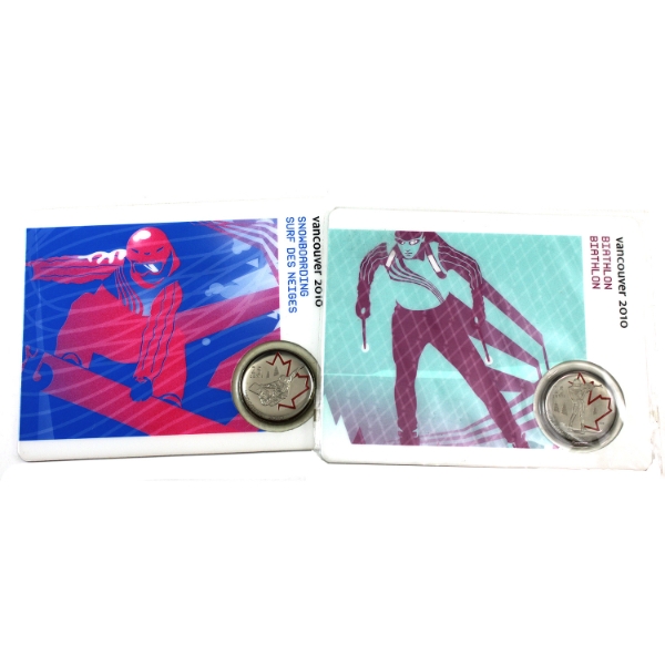 2010 25-cent Vancouver Olympic; 2007 Biathlon & 2008 Snowboarding Sport Card Collection. 2pcs. 