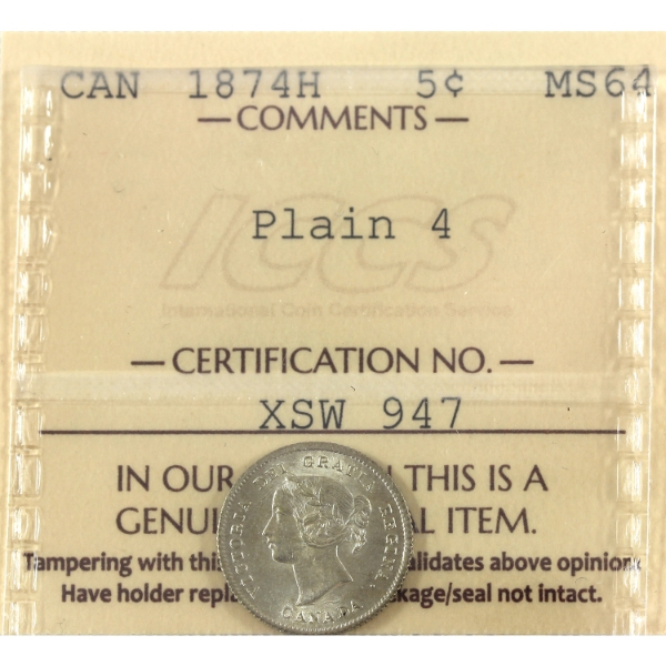 5-cent 1874H Plain 4 ICCS MS64