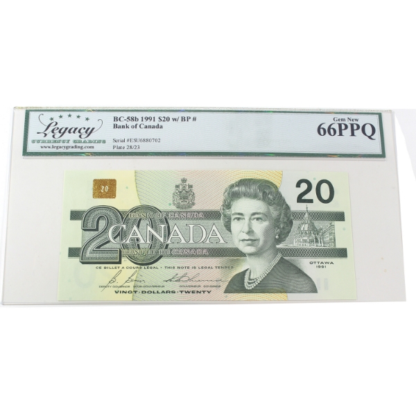 BC-58b 1991 $20 Legacy GEM UNC66 PPQ Bonin-Thiessen, w/BP SN: ESU6880702