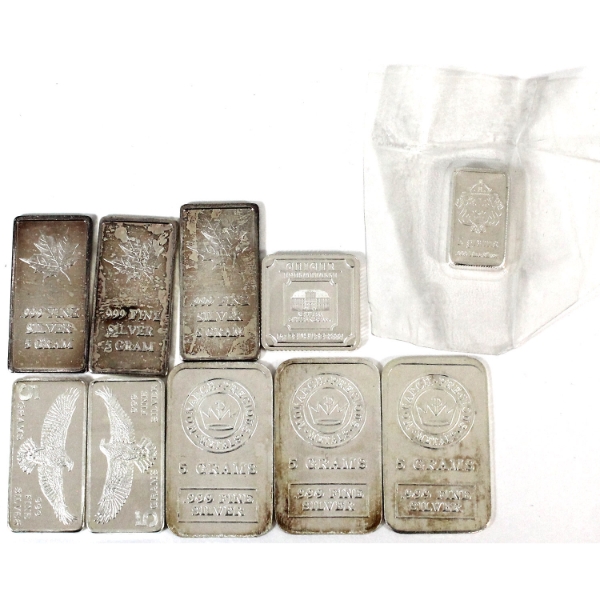 10x 5g Silver Bars- Various Designs. 10pcs (Tax Exempt)