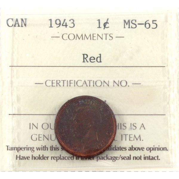 1-cent 1943 ICCS MS65 Red
